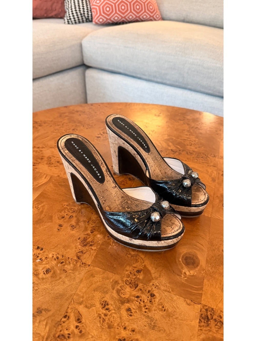 Marc by Marc Jacobs Black Patent Leather Cork Wedge Sandals with Pearl Detail